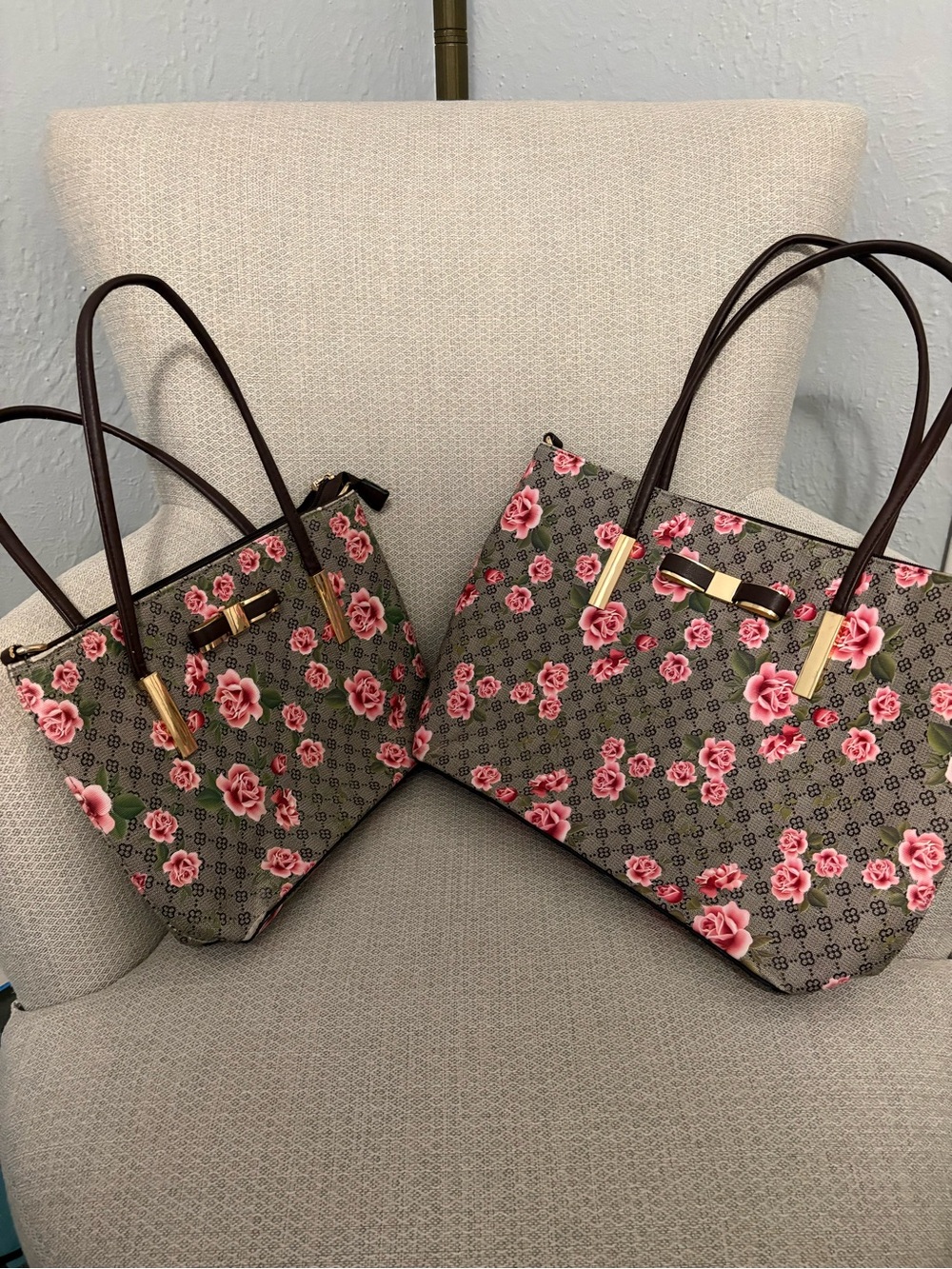 2 Floral Print Tote Bags in Pink and Brown leather